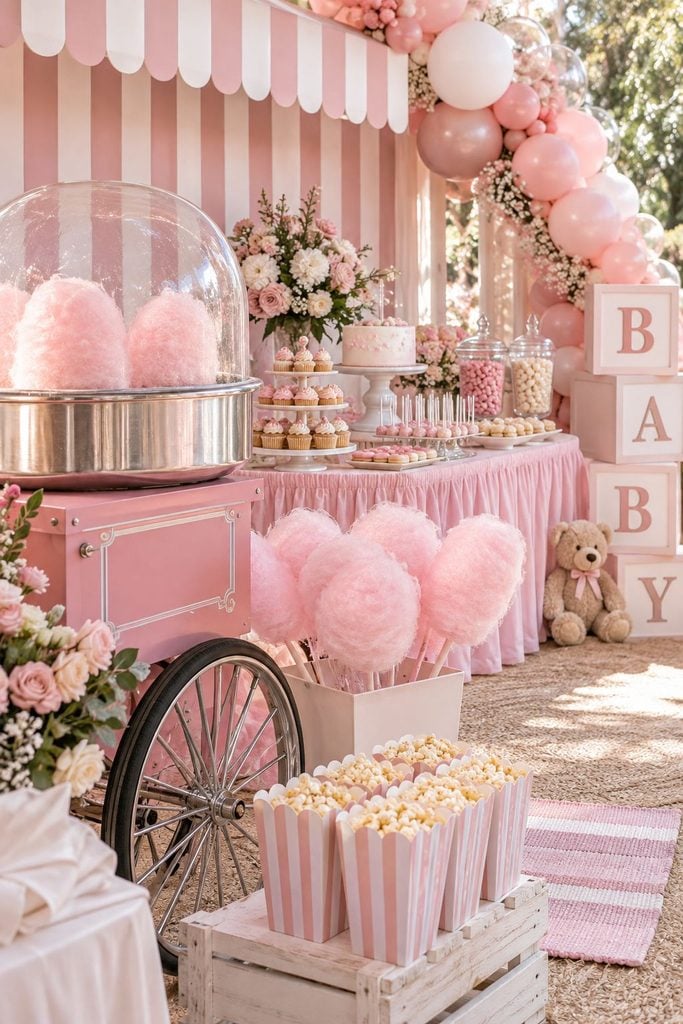 Cotton candy carnival baby shower with pink and white striped popcorn boxes and a cotton candy machine