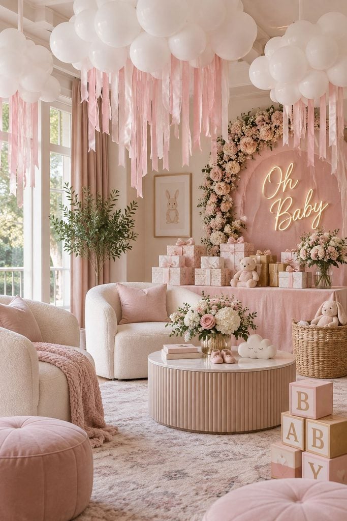 Pink cloud baby shower decor with white cloud balloons and pale pink streamers falling like rain