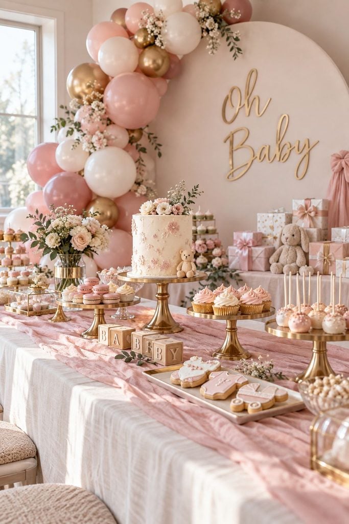 Blush and champagne gold baby shower dessert table with gold cake stands and a balloon garland