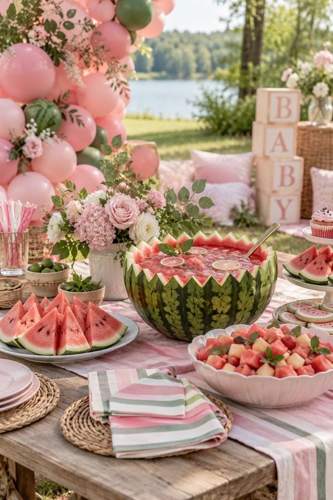 Summer baby shower with watermelon slices, a watermelon punch bowl, and pink and green striped napkins