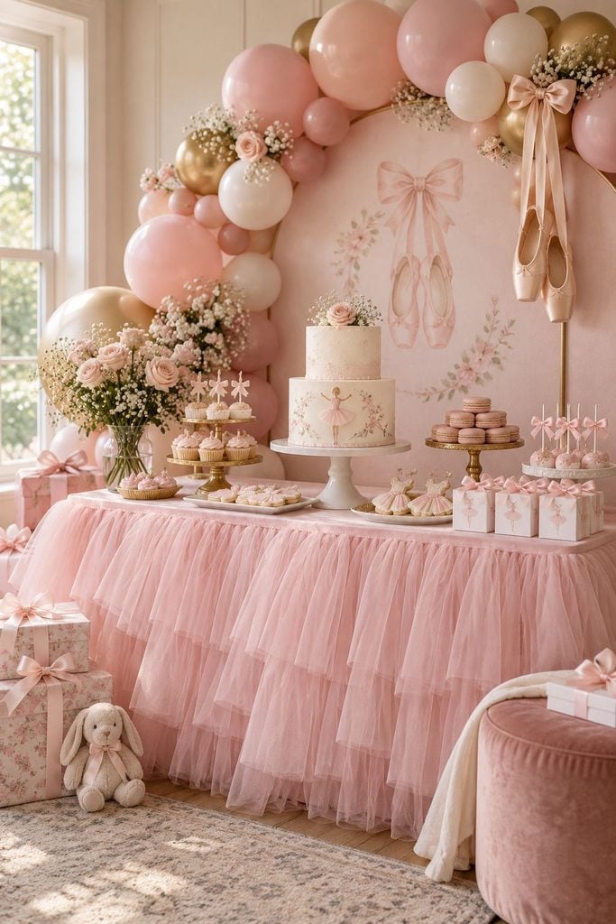 Ballerina tutu baby shower table skirted in pale pink tulle with satin ballet slippers on a balloon arch