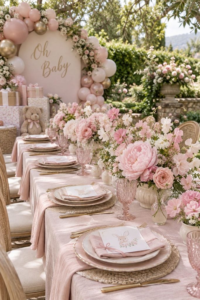 Peony garden party baby shower table with blush peonies, garden roses, and sweet peas in cream vases