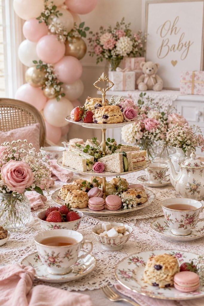 Vintage rose tea party baby shower with a tiered stand of finger sandwiches and scones beside floral china teacups