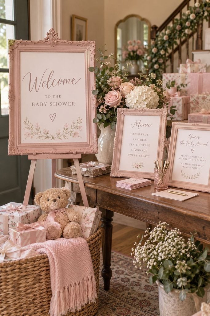 Cherry blossom spring baby shower with a blossom-draped arbor and a pale pink and white table setting