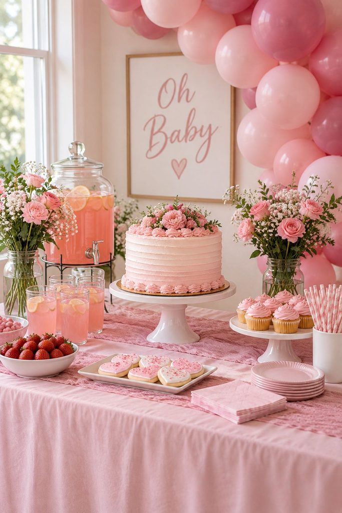 Budget pink baby shower table with dollar store tablecloths, jars of pink flowers, and balloons in three shades