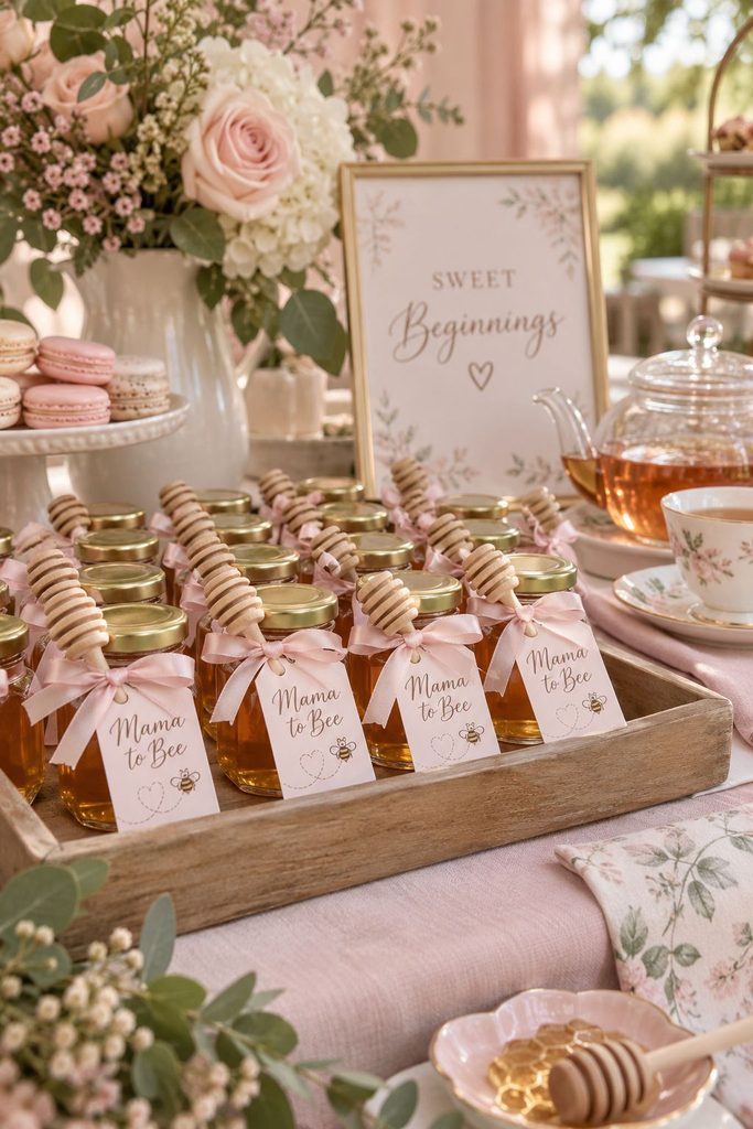 Mama to Bee honey jar baby shower favors with wooden dippers and pink ribbon