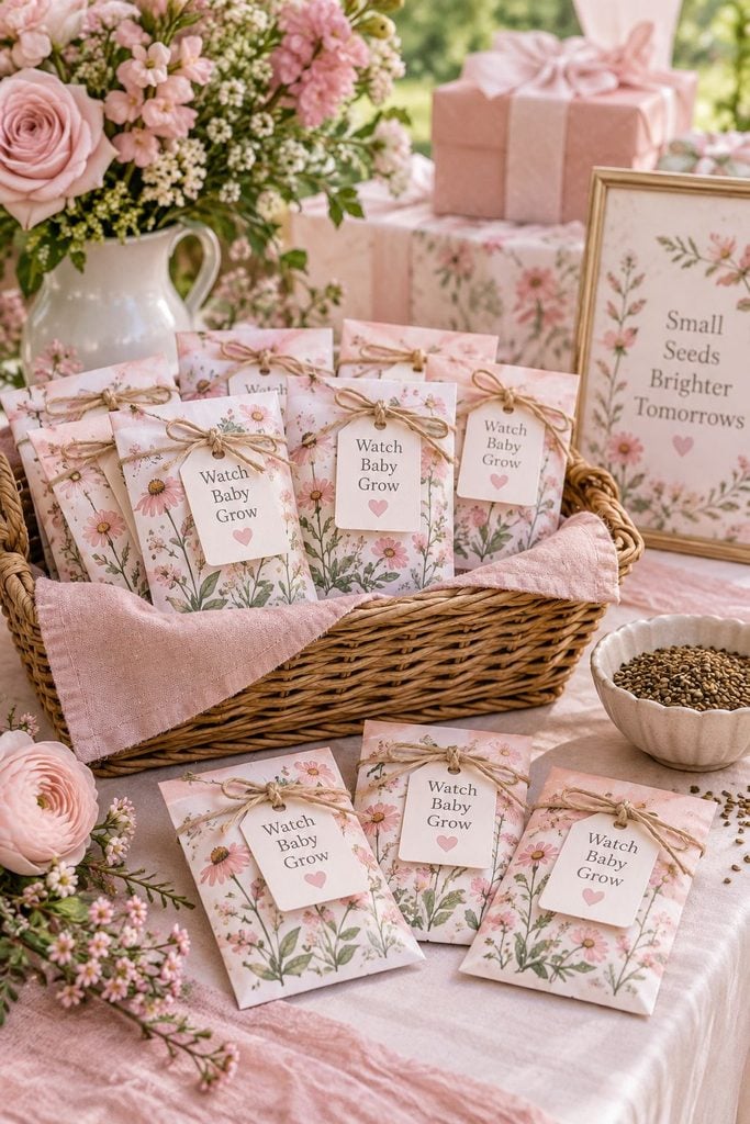 Pink and white wildflower seed packet baby shower favors with Watch Baby Grow tags tied with twine