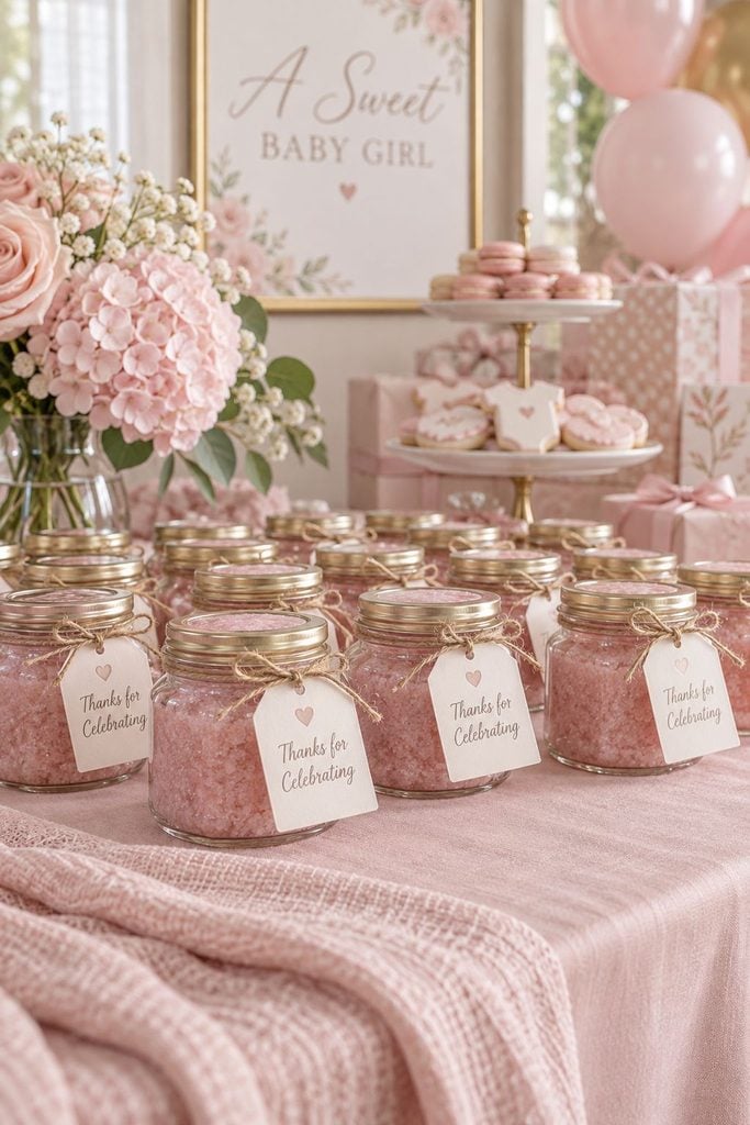 Pink sugar scrub jars tied with twine and a thank-you tag as baby shower favors
