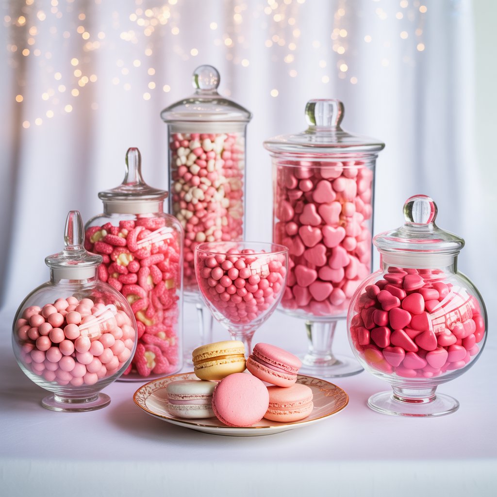 Elegant pink candy bar display with glass jars filled with assorted pink sweets, candies, and macarons against a softly lit background.