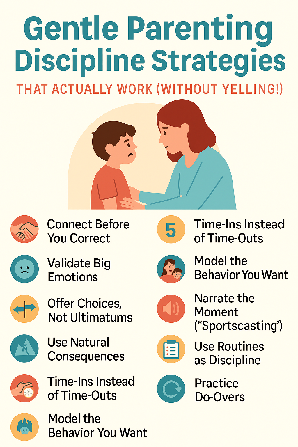 Infographic showing 10 gentle parenting discipline strategies that actually work without yelling, including tips like offering choices, using time-ins, and modeling behavior.