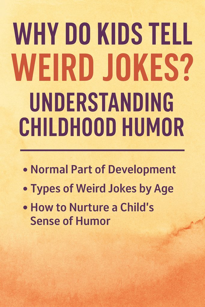 A vertical infographic with a warm yellow-to-orange watercolor background titled “Why Do Kids Tell Weird Jokes? Understanding Childhood Humor,” featuring three bullet points: “Normal Part of Development,” “Types of Weird Jokes by Age,” and “How to Nurture a Child’s Sense of Humor.”