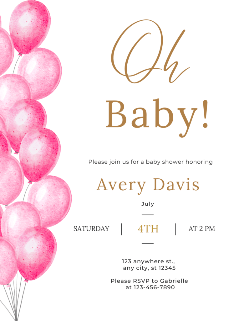 Elegant pink and gold baby shower invitation with watercolor balloons on the left and the words “Oh Baby!” in gold script, featuring event details for a celebration honoring Avery Davis.