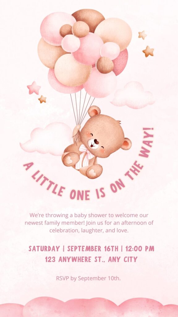 Adorable baby shower invitation featuring a watercolor teddy bear holding pink and brown balloons, surrounded by clouds and stars, with the phrase “A little one is on the way!” in playful pink text.