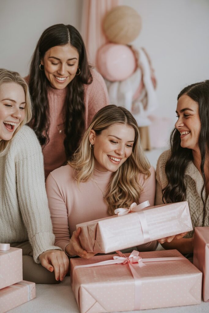 Group of smiling women in pink and cream sweaters gathered around the mom-to-be as she opens a pastel-wrapped baby shower gift.