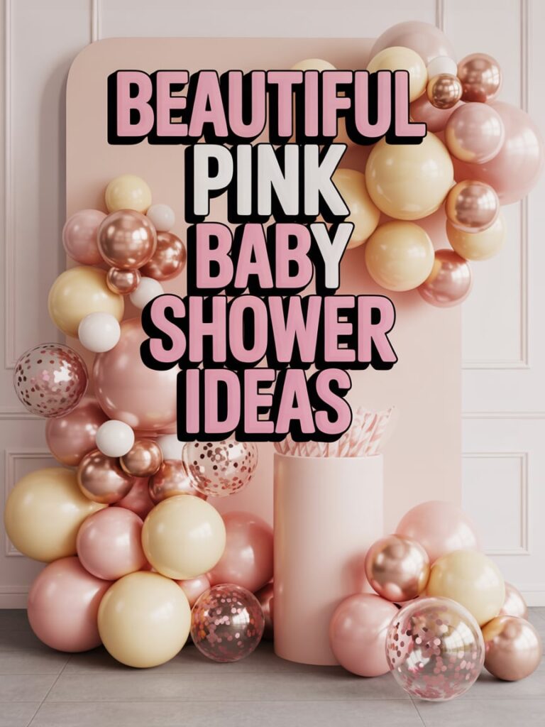 Stylish pink and gold balloon arch with confetti accents surrounding a blush backdrop featuring bold text that reads “Beautiful Pink Baby Shower Ideas.”