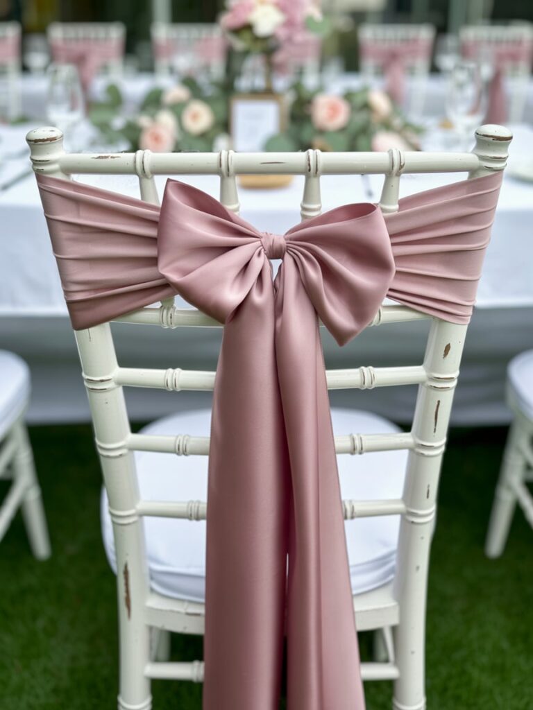 Close-up of an elegant white chair decorated with a blush satin bow and sash, set against a garden table arrangement with pink roses and greenery for a sophisticated baby shower or event setting.