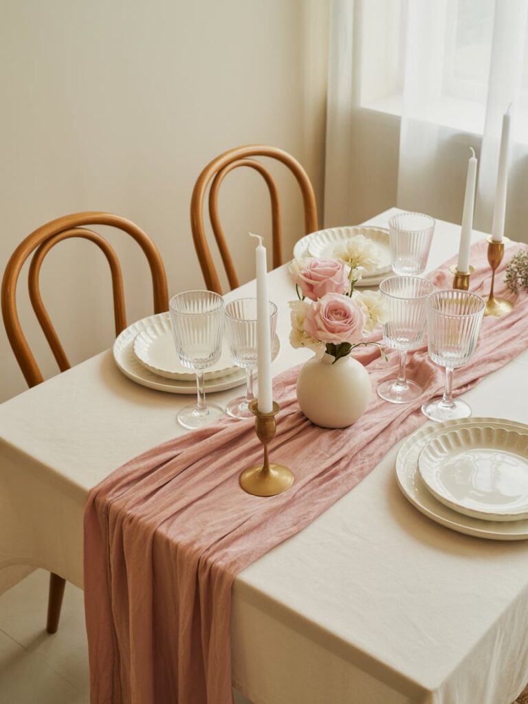 Elegant blush pink baby shower table setup with a soft linen tablecloth, pink chiffon table runner, gold candle holders, and simple floral centerpieces featuring pale pink roses, creating a minimalist and romantic dining atmosphere.