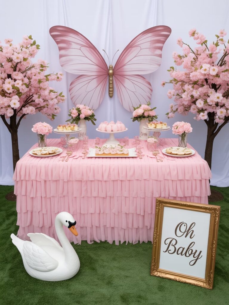 Whimsical pink baby shower dessert table decorated with a large butterfly backdrop, cherry blossom trees, pink ruffled tablecloth, floral arrangements, and a white swan prop beside a gold-framed “Oh Baby” sign, creating an elegant garden-inspired celebration scene.