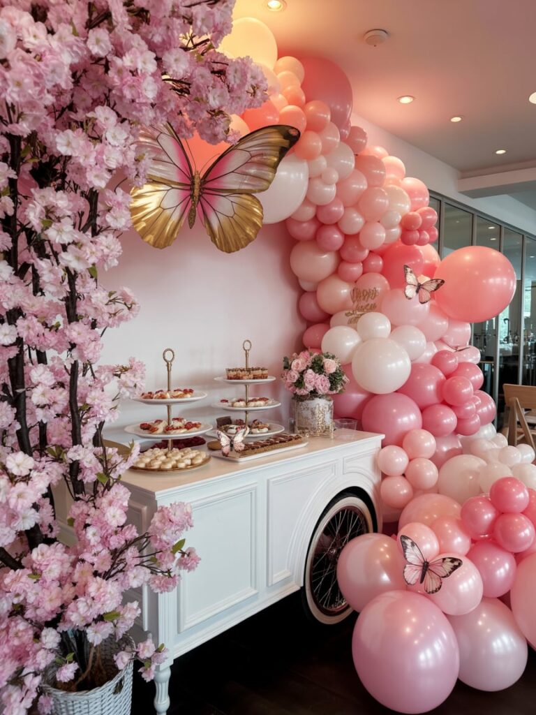 Elegant pink butterfly baby shower display featuring a white dessert cart with tiered trays of sweets, cascading pink balloon garland, cherry blossom trees, and gold-trimmed butterfly accents for a dreamy, garden-inspired celebration.