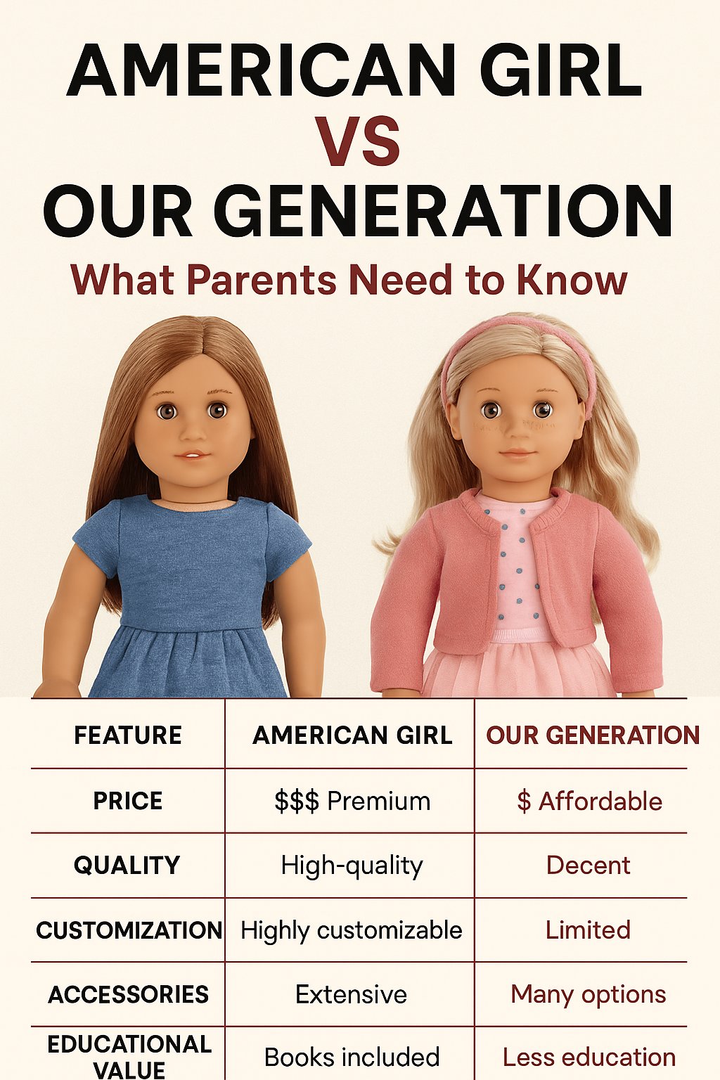 A side-by-side infographic comparing American Girl and Our Generation dolls, featuring two dolls in the center—one in a blue dress (American Girl) and one in a pink outfit (Our Generation). Below them is a comparison table with five categories: price, quality, customization, accessories, and educational value. The chart highlights American Girl as premium and customizable, while Our Generation is noted as more affordable with many accessories.