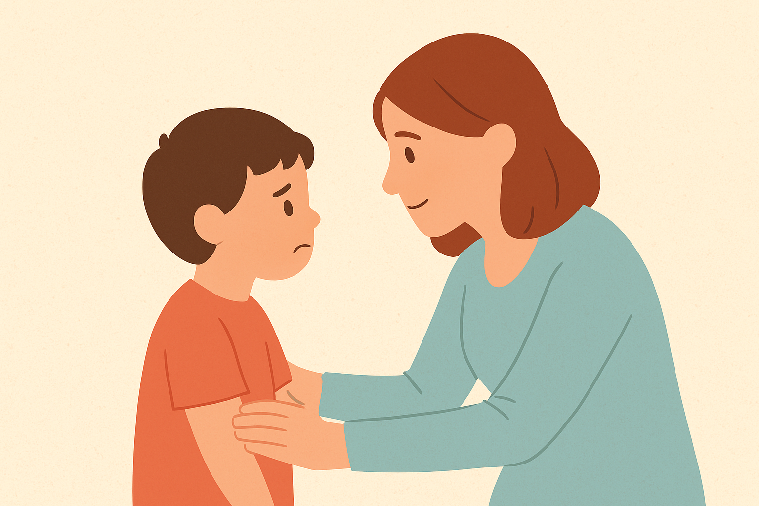 Cartoon-style image of a mother kneeling and gently holding her child’s arms while he looks upset, depicting a gentle parenting discipline strategy focused on connection.
