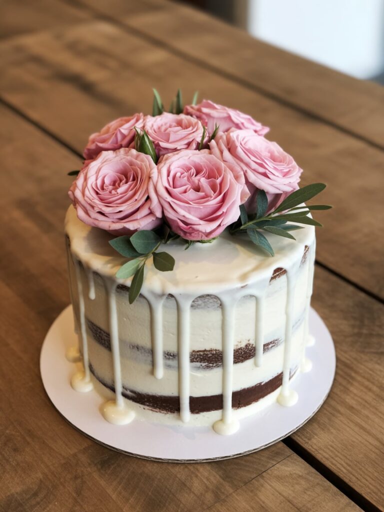 Stylish semi-naked cake with white drip icing, topped with fresh pink roses and greenery, displayed on a rustic wooden table — a romantic and elegant dessert choice for a pink baby shower celebration.