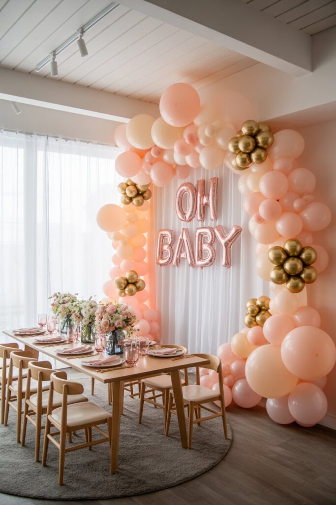 Chic pink and gold baby shower setup featuring a blush balloon arch with metallic gold accents, rose-gold “Oh Baby” lettering, and a wooden dining table styled with floral centerpieces and pink tableware for an elegant celebration backdrop.