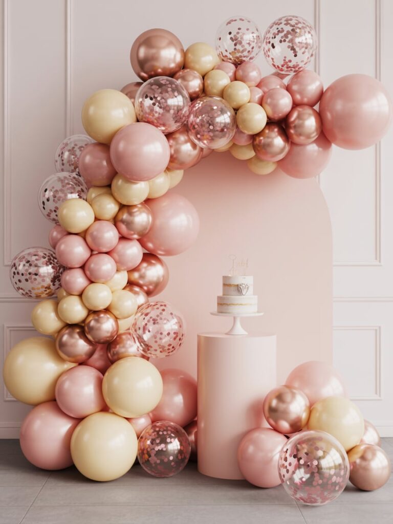 Elegant pink and gold balloon arch framing a small white cake on a blush pedestal, set against a soft pink backdrop — a perfect setup for a sophisticated baby shower or birthday celebration.