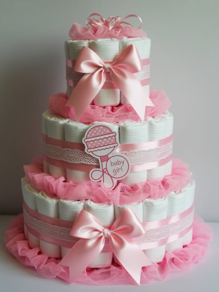Three-tier pink and white diaper cake decorated with satin ribbons, lace, and tulle, topped with bows and a “baby girl” sign — a charming centerpiece for a baby shower celebration.