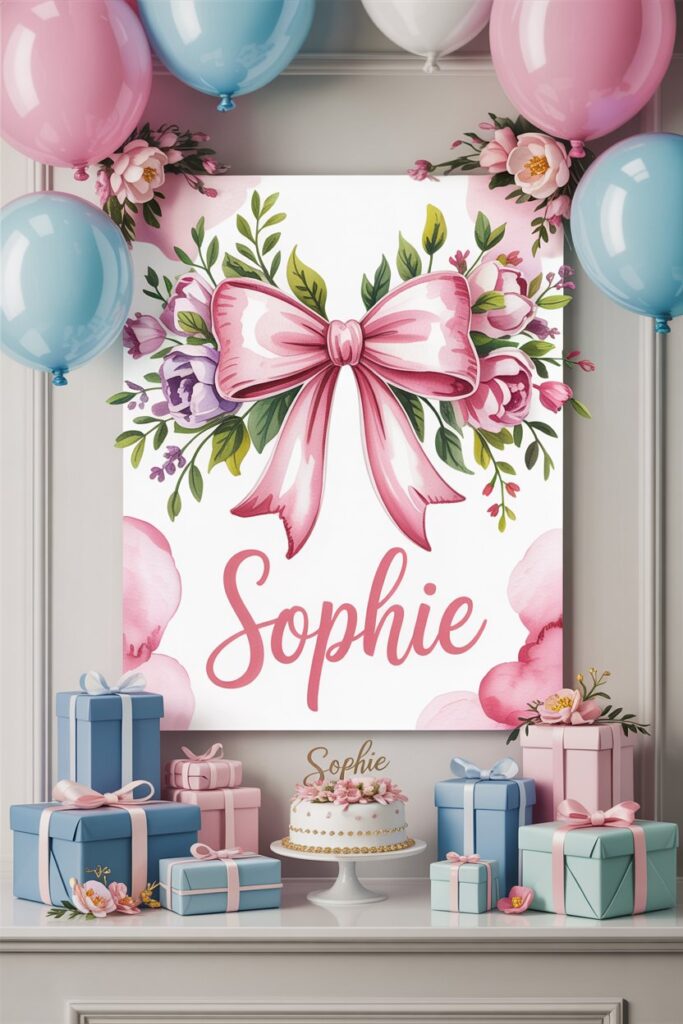 Charming pink baby shower display featuring a floral banner with a large watercolor-style pink bow and the name “Sophie,” surrounded by pastel balloons and stacked gift boxes with a matching cake for an elegant and personalized celebration setup.