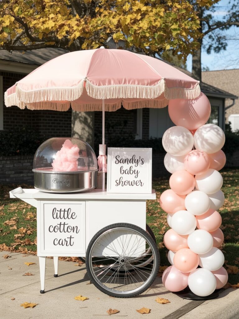 Charming outdoor baby shower setup featuring a vintage-style cotton candy cart with a pink fringed umbrella, cotton candy machine, and pastel balloon garland — perfect for a whimsical pink-themed celebration.