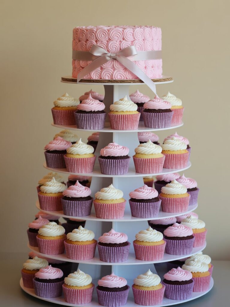 Tiered cupcake tower featuring pastel pink, cream, and purple frosted cupcakes with a matching pink swirl cake on top — an adorable and festive dessert centerpiece for a pink baby shower celebration.