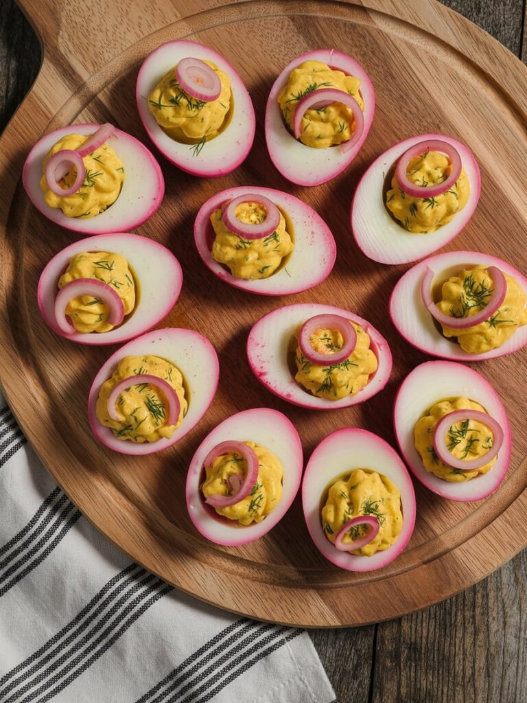 Vibrant pink deviled eggs displayed on a wooden serving board, featuring beet-dyed egg whites filled with creamy yellow yolk mixture, garnished with fresh dill and pickled red onions — a colorful and elegant baby shower appetizer.