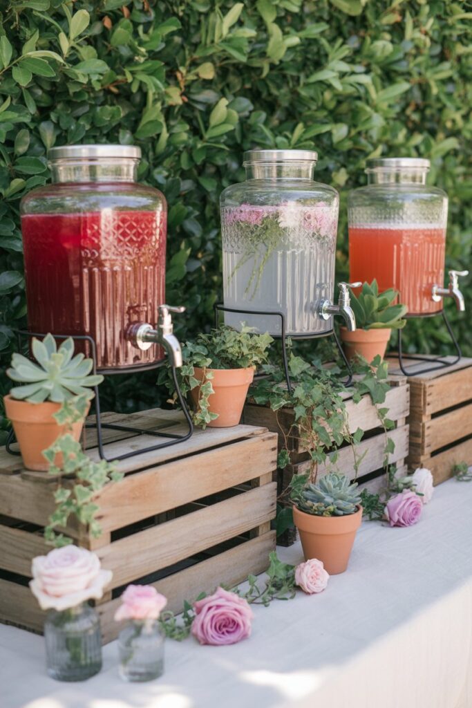 Outdoor pink lemonade bar setup with three glass drink dispensers filled with colorful beverages and floating flowers, styled on wooden crates with ivy, succulents, and blush roses for a fresh and elegant baby shower display.