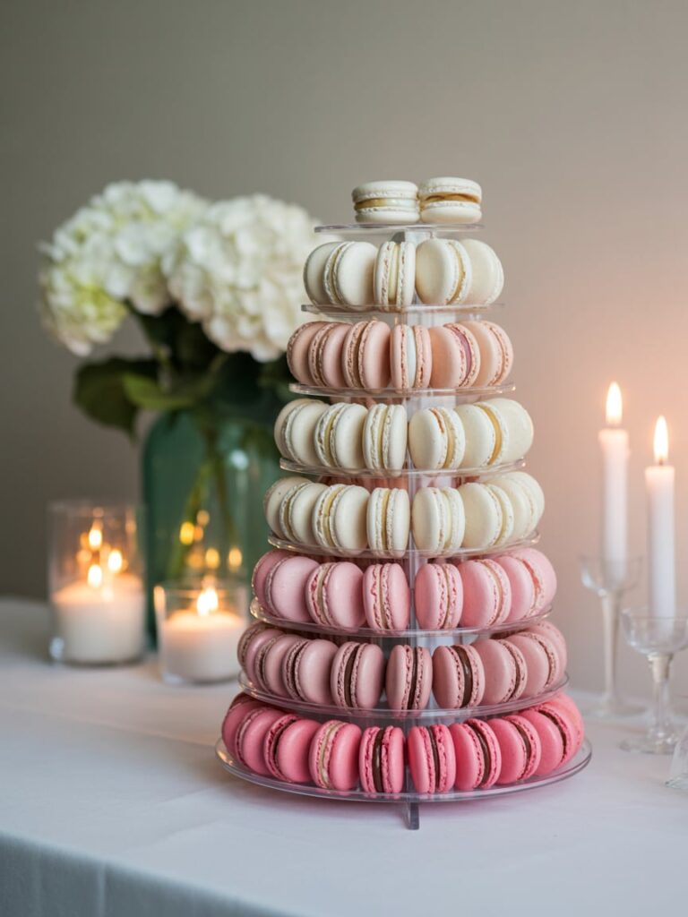 Elegant ombré macaron tower in shades of cream, blush, and pink displayed on a white table with candles and hydrangeas — a sophisticated dessert centerpiece for a pink baby shower or bridal celebration.