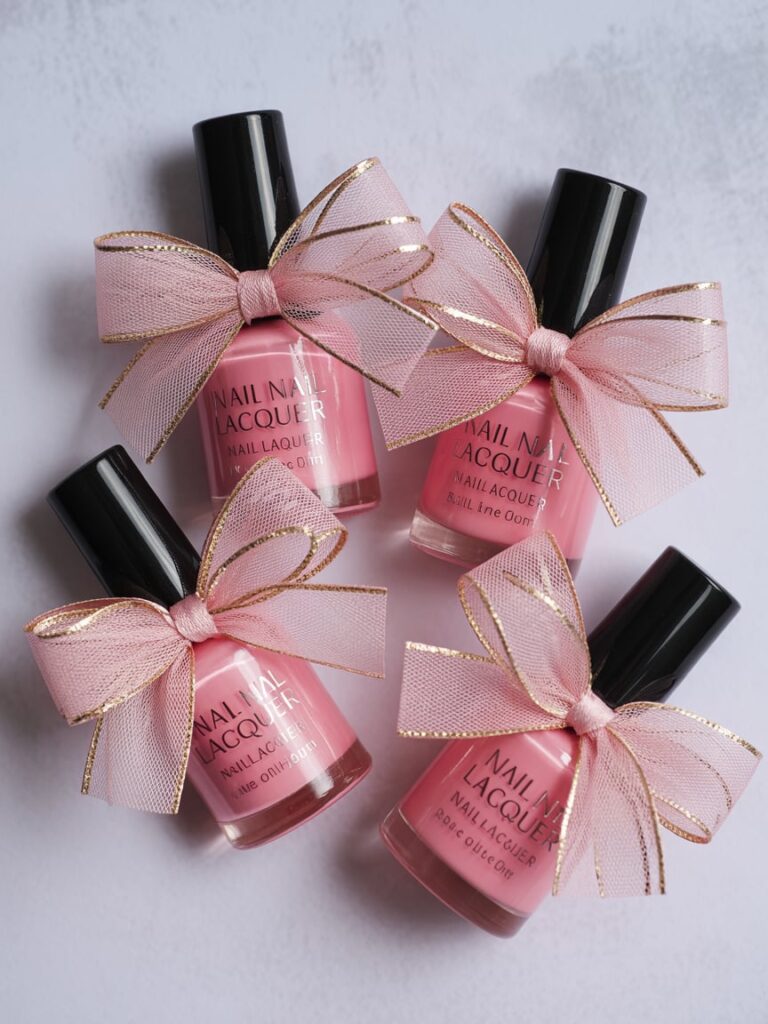 Pink nail polish bottles tied with gold-trimmed blush bows — a chic and playful baby shower favor idea for guests, perfect for a pink or glam-themed celebration.