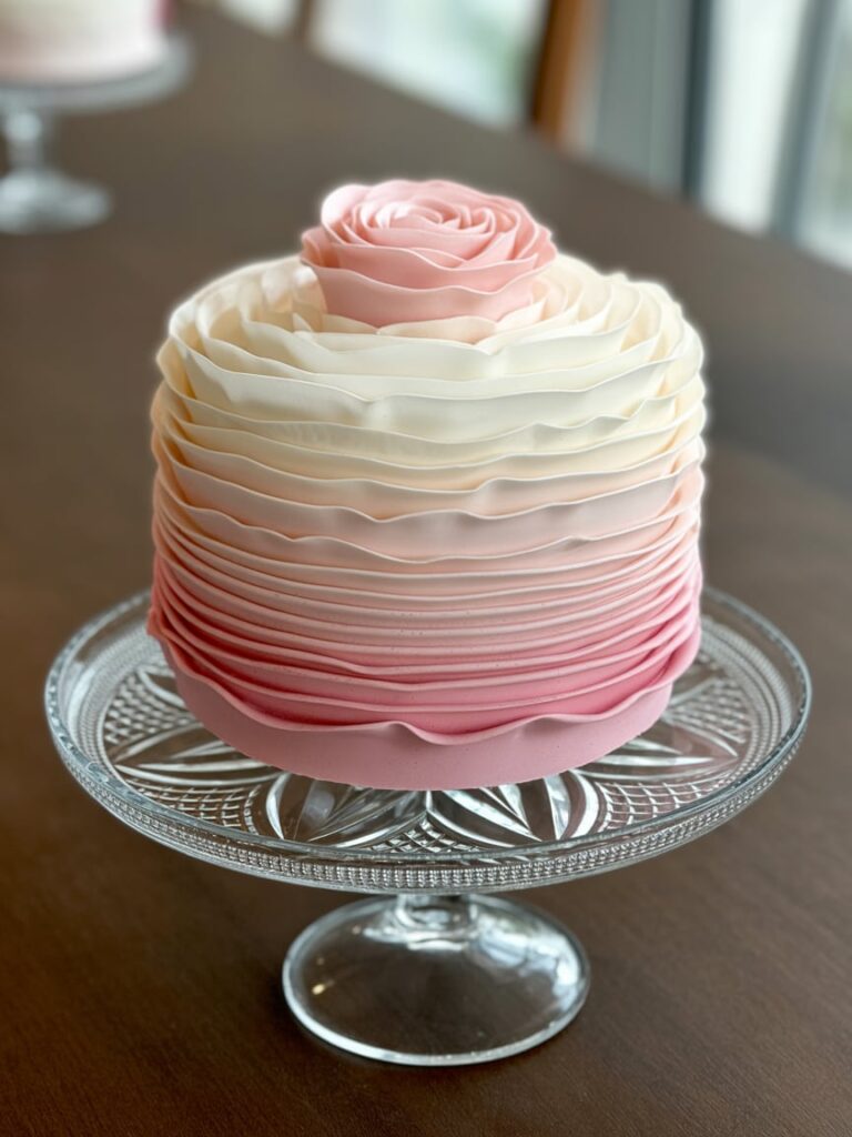 Delicate pink ombré ruffle cake topped with a rose-shaped frosting design, displayed on a glass cake stand — an elegant and feminine centerpiece perfect for a pink baby shower or bridal event.