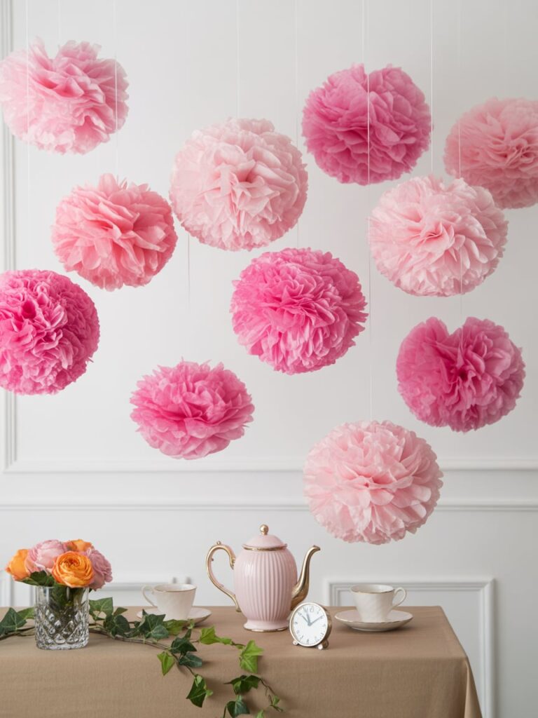 Charming pink baby shower setup featuring hanging tissue paper pom-poms in shades of blush and fuchsia above a tea table with a pink teapot, floral arrangements, and vintage teacups, creating a soft and whimsical party atmosphere.