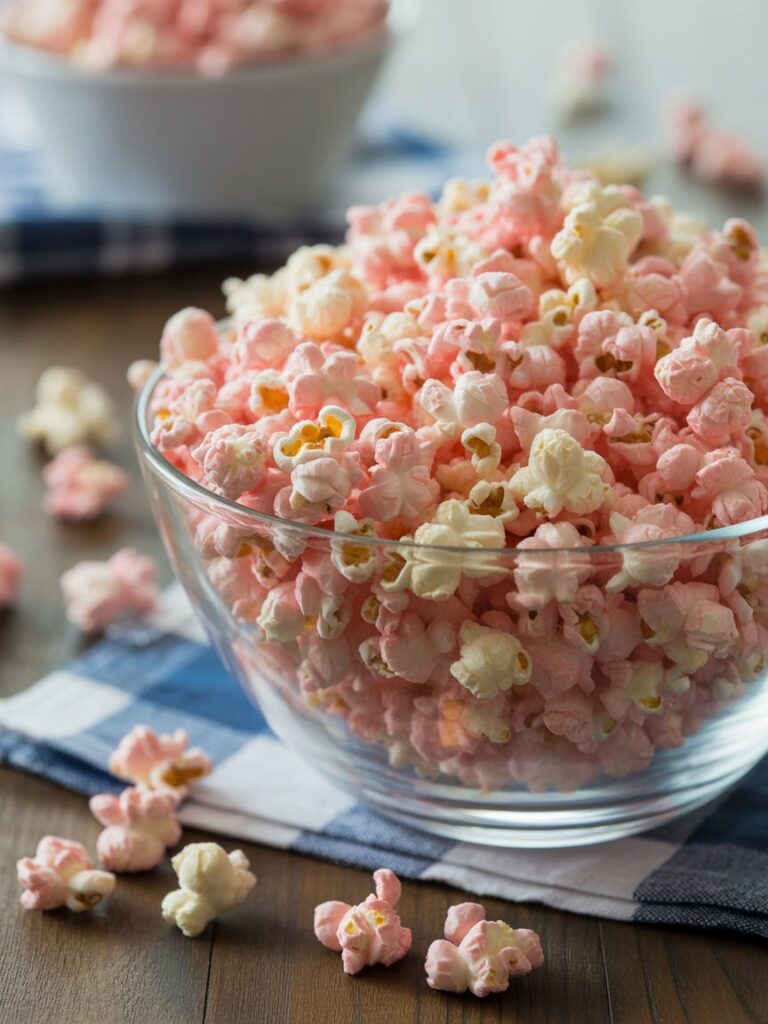 Close-up of sweet pink popcorn served in a clear glass bowl, featuring a mix of pastel pink and white kernels — a fun and colorful treat idea perfect for a pink baby shower or gender reveal party.