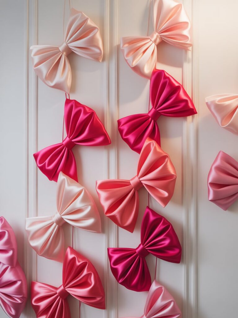 Large satin bows in soft pink and blush tones arranged vertically on a white wall, creating a stylish backdrop for a baby shower or party.