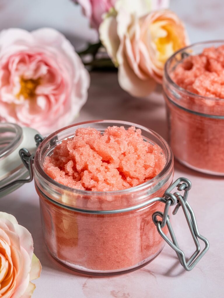 Homemade pink sugar scrub displayed in small glass jars with metal clasps, surrounded by soft pastel roses — a luxurious and feminine DIY favor idea for a pink baby shower.