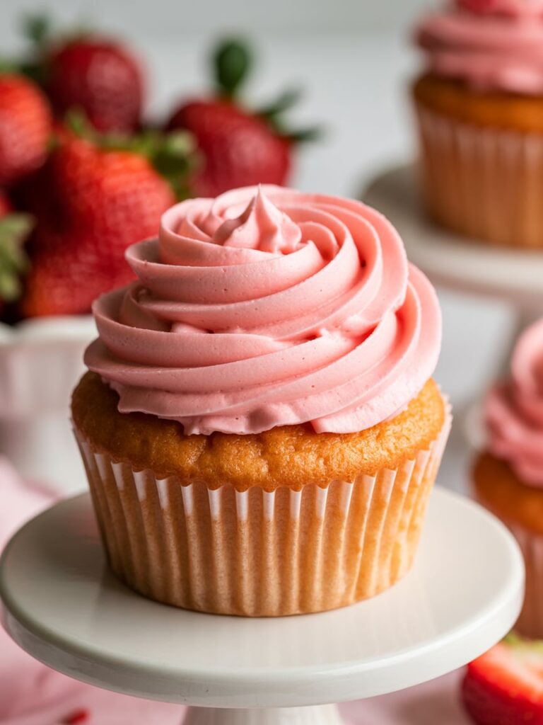 Close-up of a vanilla cupcake topped with rich strawberry pink buttercream frosting, styled on a white pedestal with fresh strawberries in the background — a sweet and elegant treat for a pink baby shower dessert table.