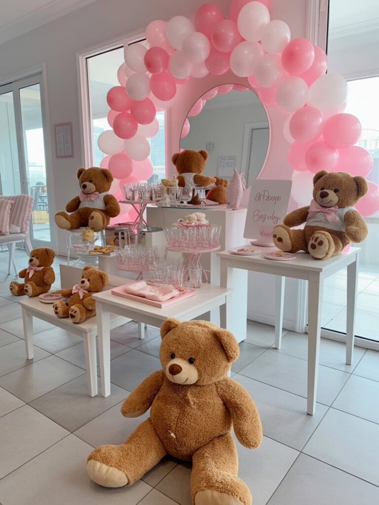 Adorable pink teddy bear baby shower setup featuring plush bears, pink and white balloon arch, dessert tables with glassware and treats, and a soft pastel color palette creating a cozy and heartwarming atmosphere.