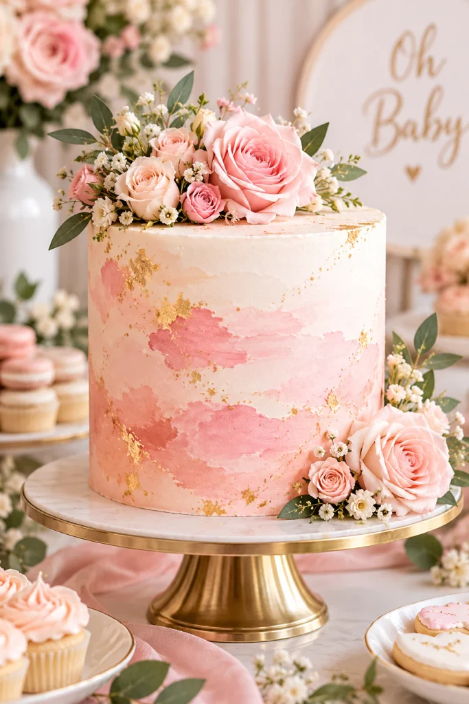Blush pink watercolor baby shower cake on a styled dessert table