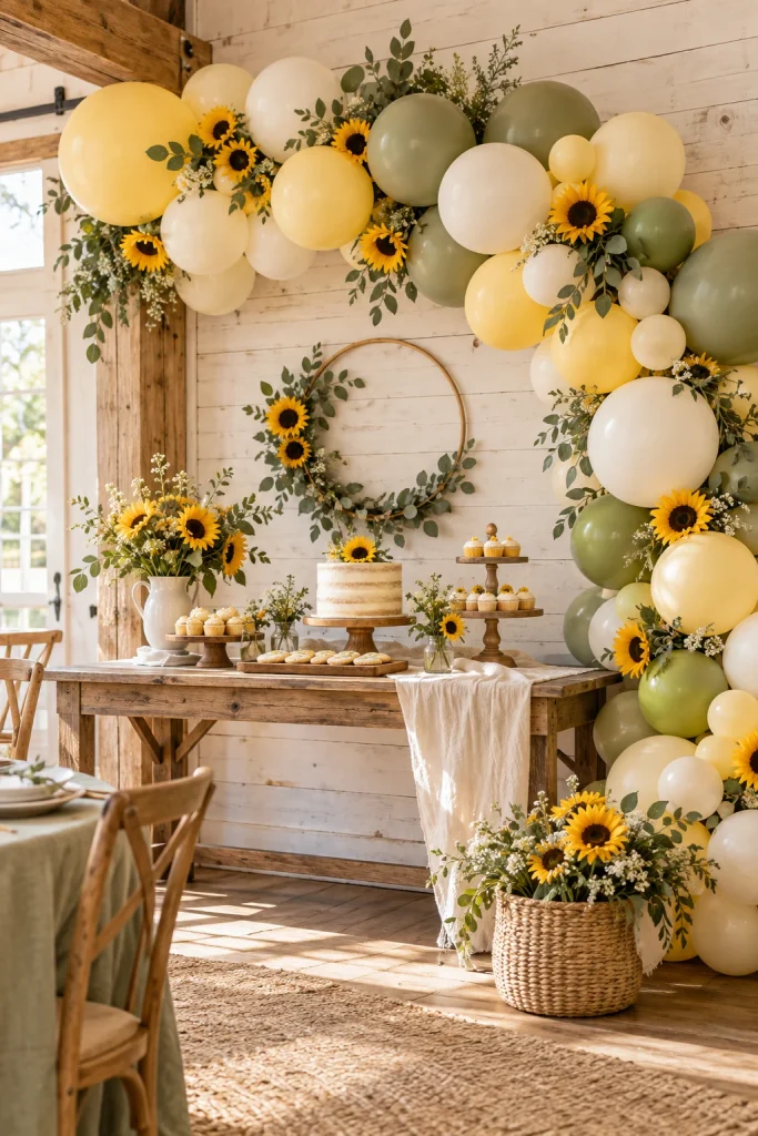 Butter yellow and cream balloon arch with fresh sunflower stems for a locally grown baby shower