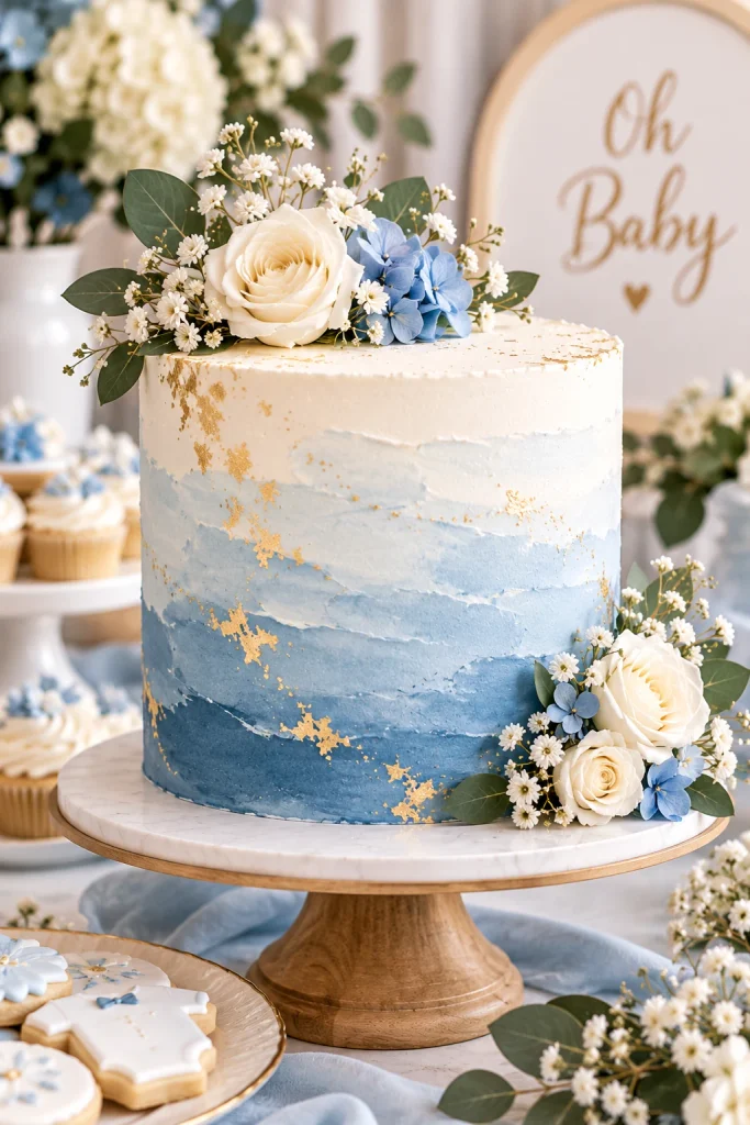 Dusty blue ombré baby shower cake with soft white and blue buttercream