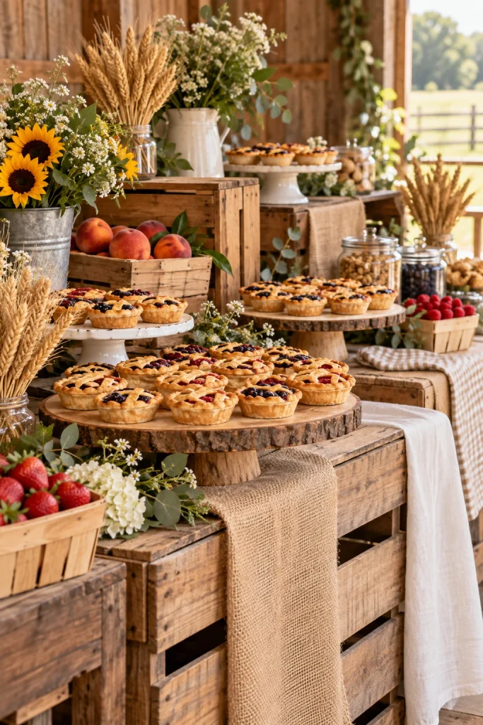Farm stand dessert table with stacked wooden crates, burlap runner, and mini pies