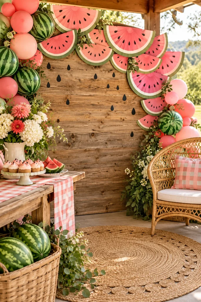 Watermelon slice photo backdrop with One Sweet Melon banner for a summer baby shower