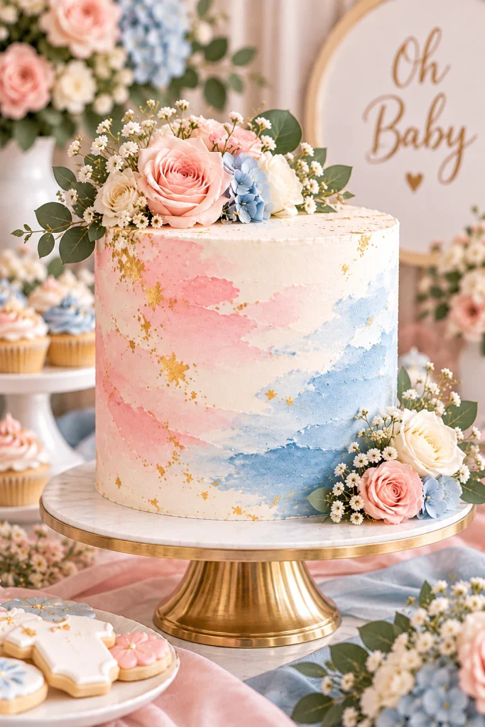 Pink and blue watercolor baby shower cake on a gender-neutral dessert table