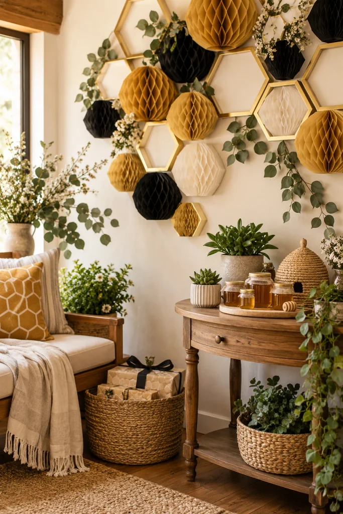 Gold and black honeycomb paper decor nook with succulents for a bee themed baby shower